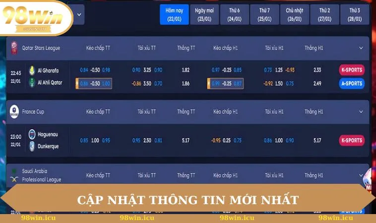 Cập nhật thông tin mới nhất cho từng trận đấu